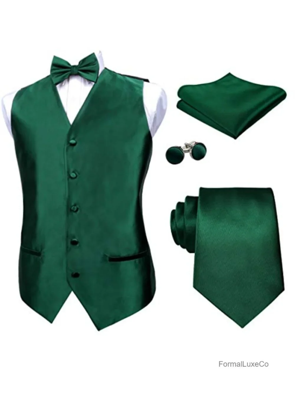 Satin Bow Tie Necktie Hanky Cufflinks Waistcoat Set